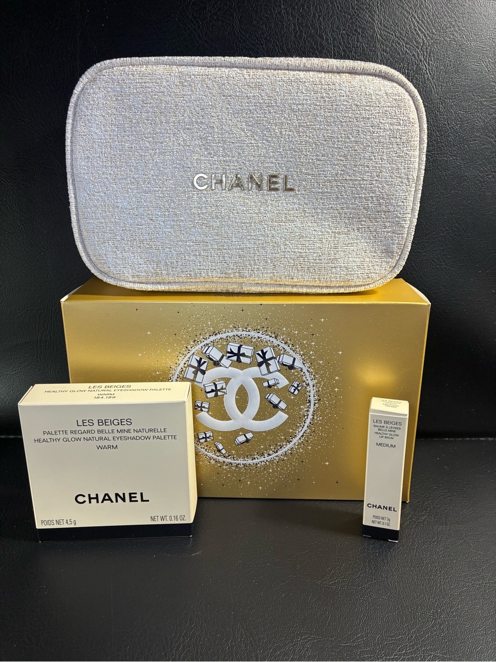 CHANEL Les Beiges Set with White Quilted Pouch & Gold Box
